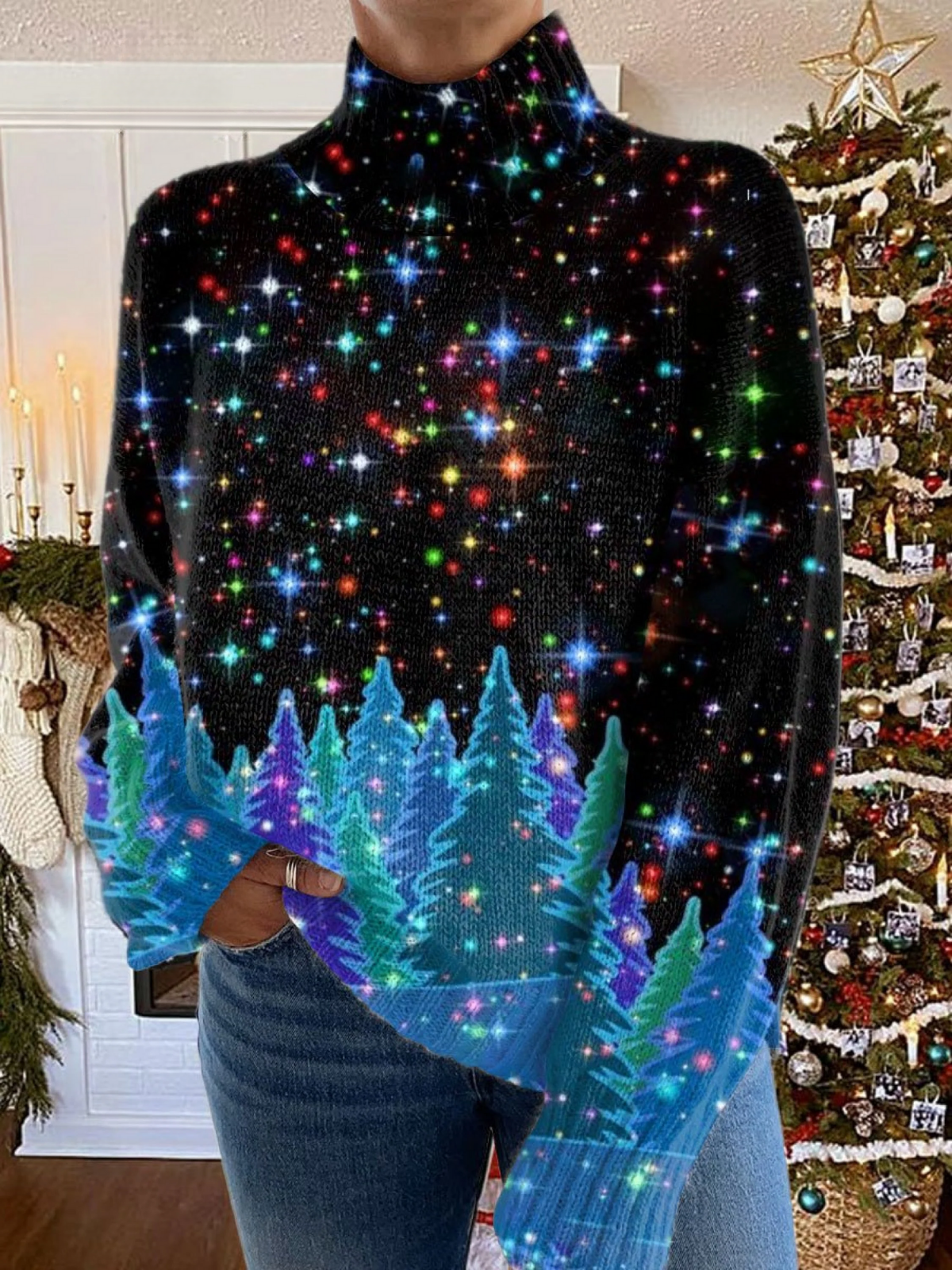 Martina - Suéter de cuello alto con estampado navideño brillante