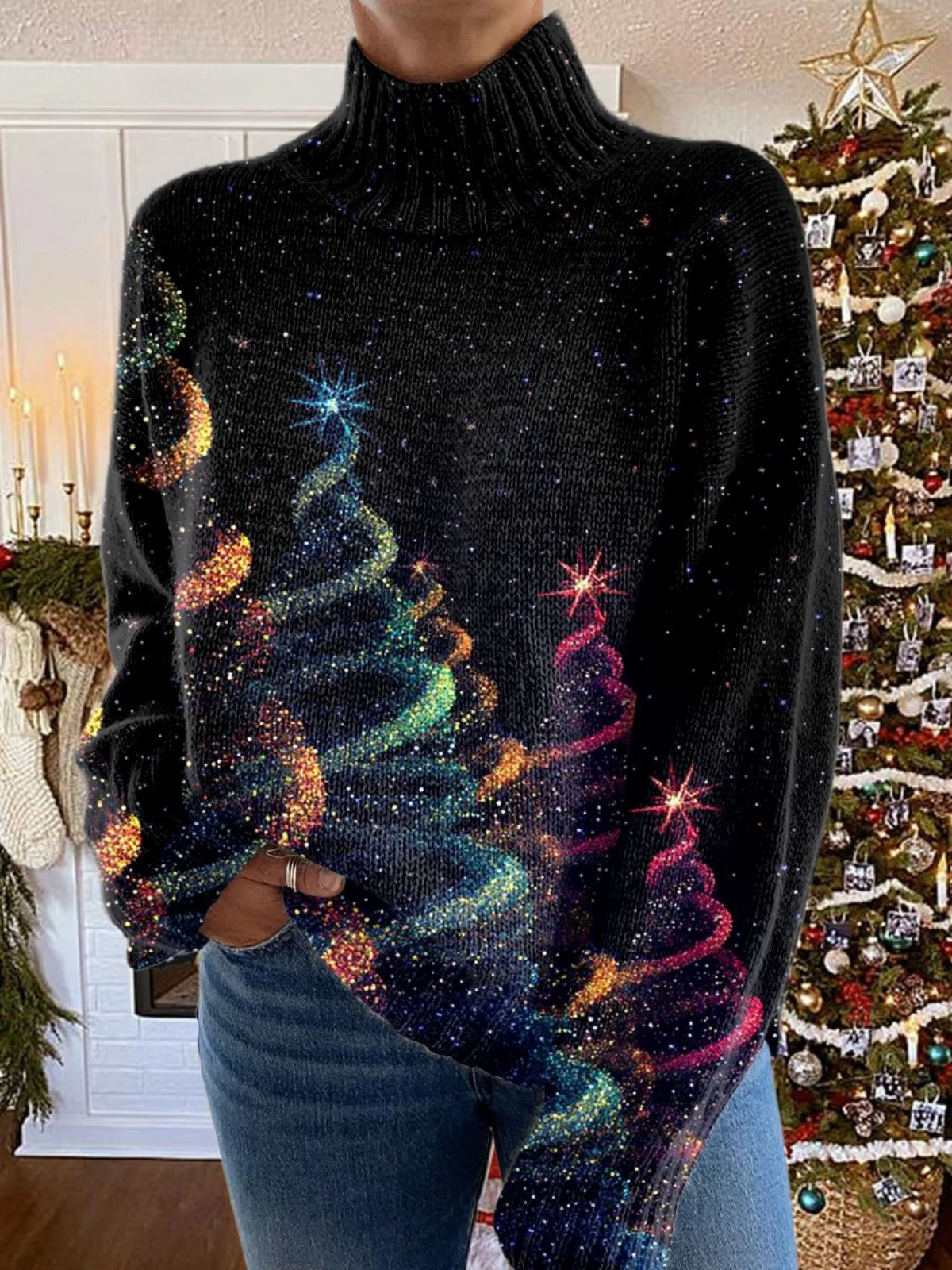 Aneta - Suéter de cuello alto tejido con estampado de árbol de Navidad y motivos brillantes