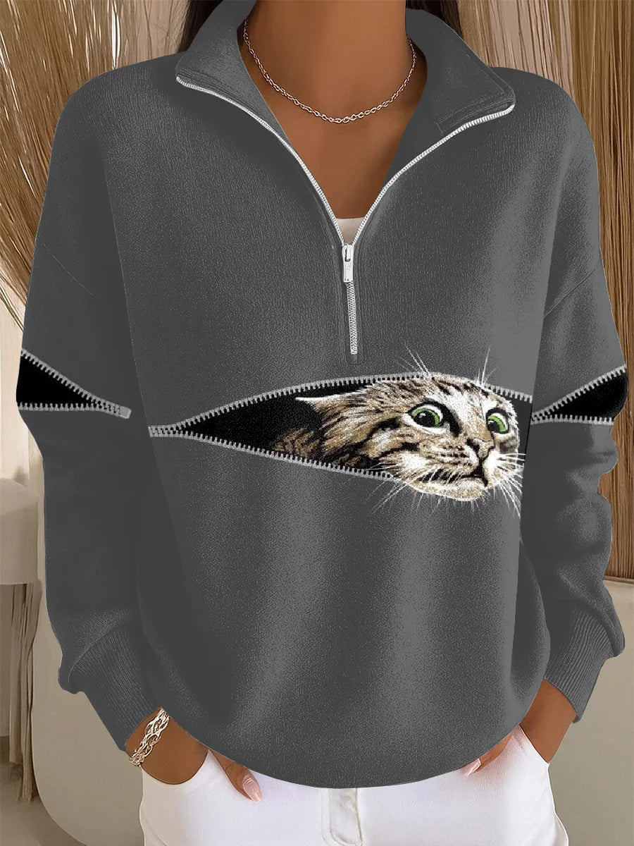 Brisa - Sudadera Casual con Cremallera de Arte de Gato