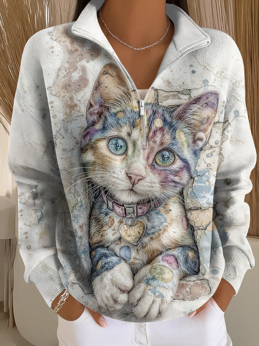 Nube - Sudadera Casual con Cremallera de Arte de Gato