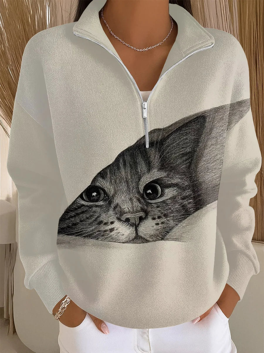 Canela - Sudadera Casual con Cremallera de Arte de Gato