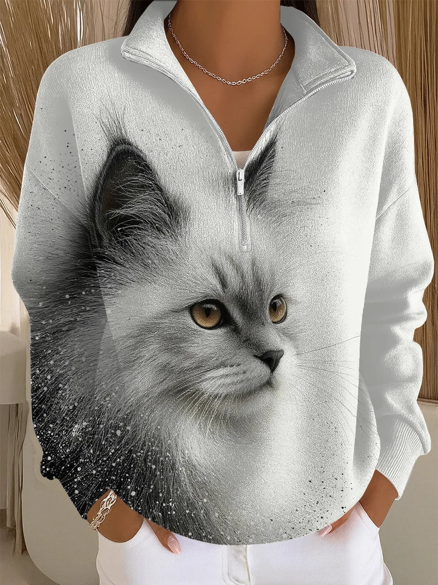 Alma - Sudadera casual para mujer con estampado artístico de gato