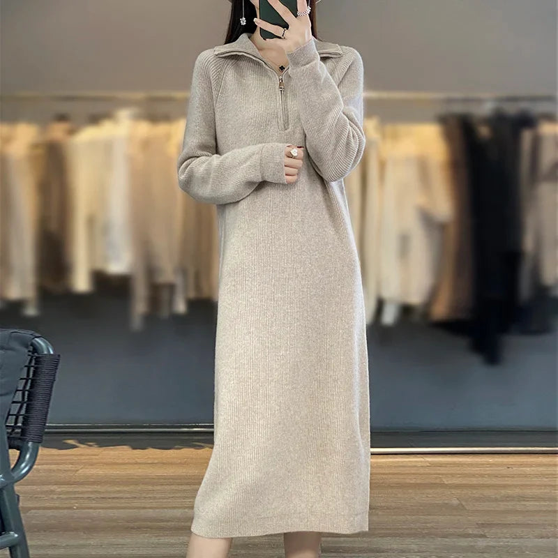 Sofía | Vestido Beige de Punto de Lana Merino con Cremallera, Cálido y Suave