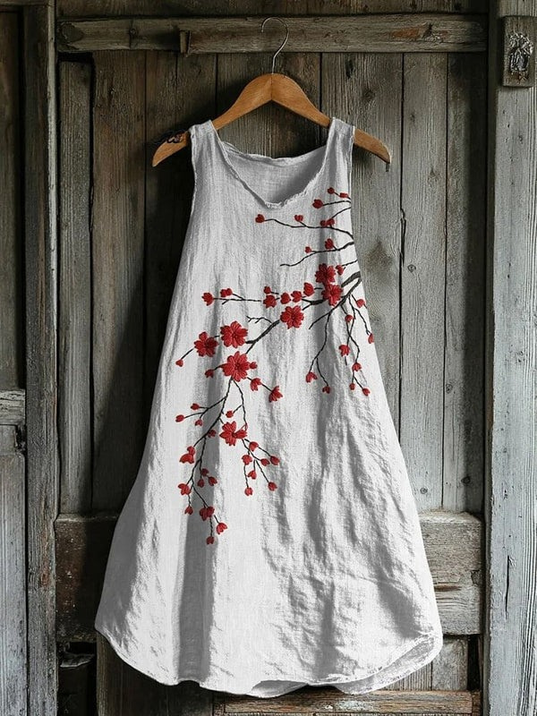 Vestido de Lino Rojo Vintage con Flores