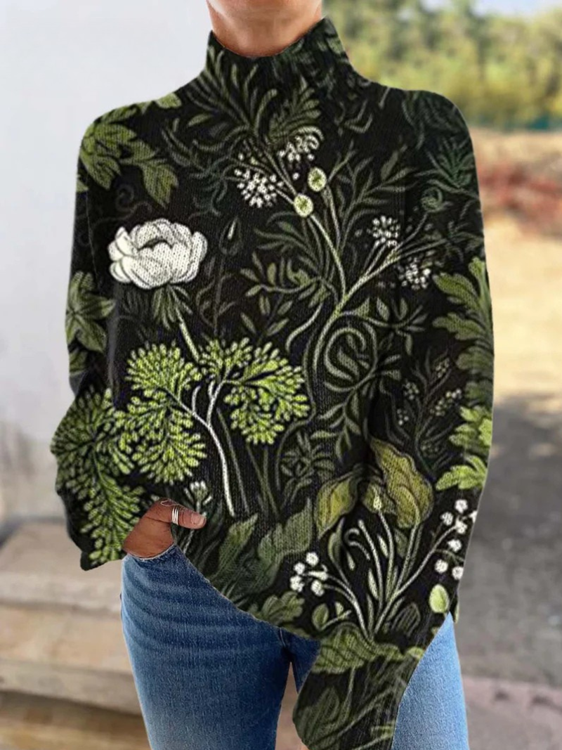 Sandra - Suéter de punto para mujer con estampado floral y botánico vintage