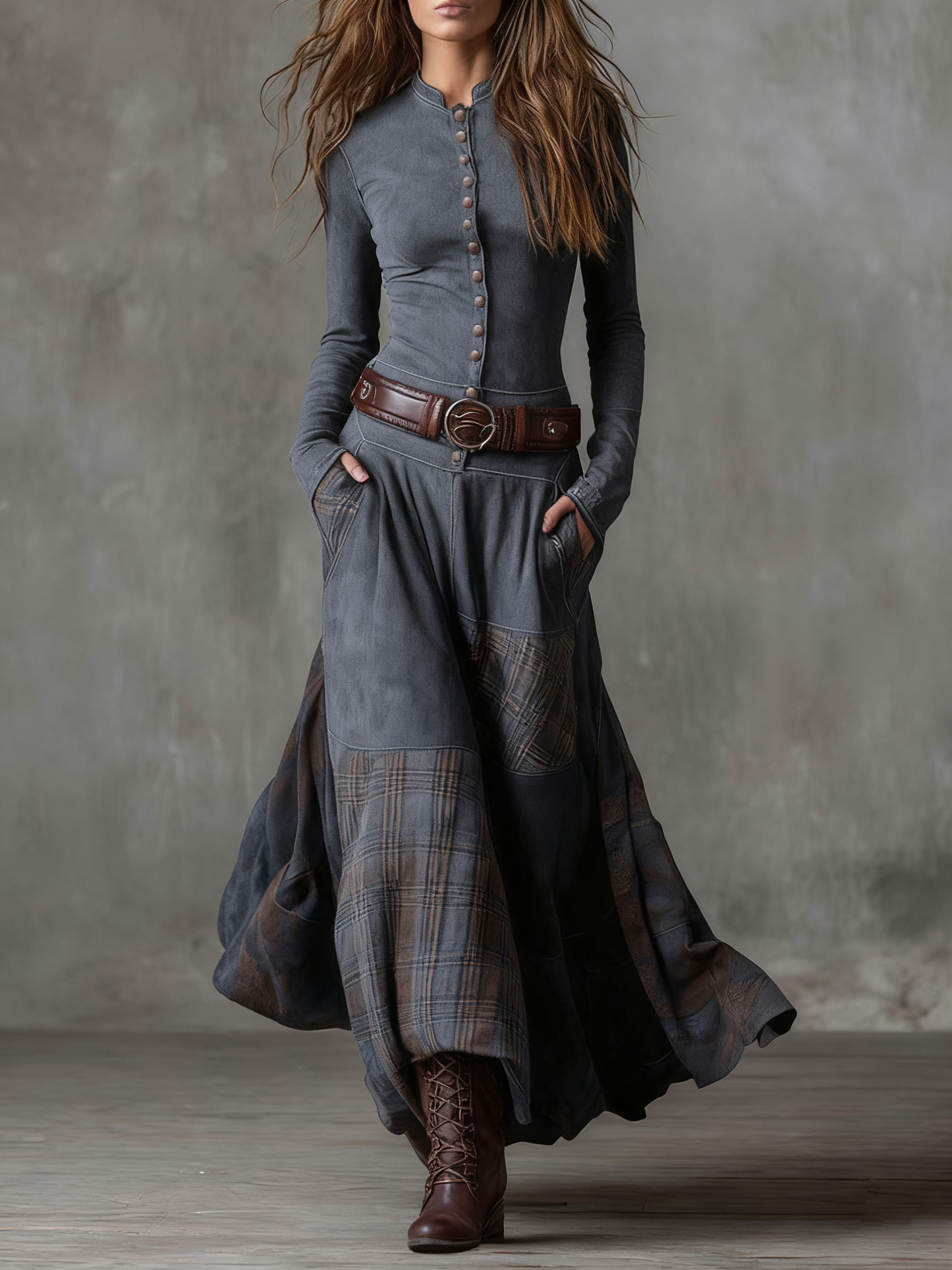 Martina · Vestido largo vintage en ante a cuadros azul marino