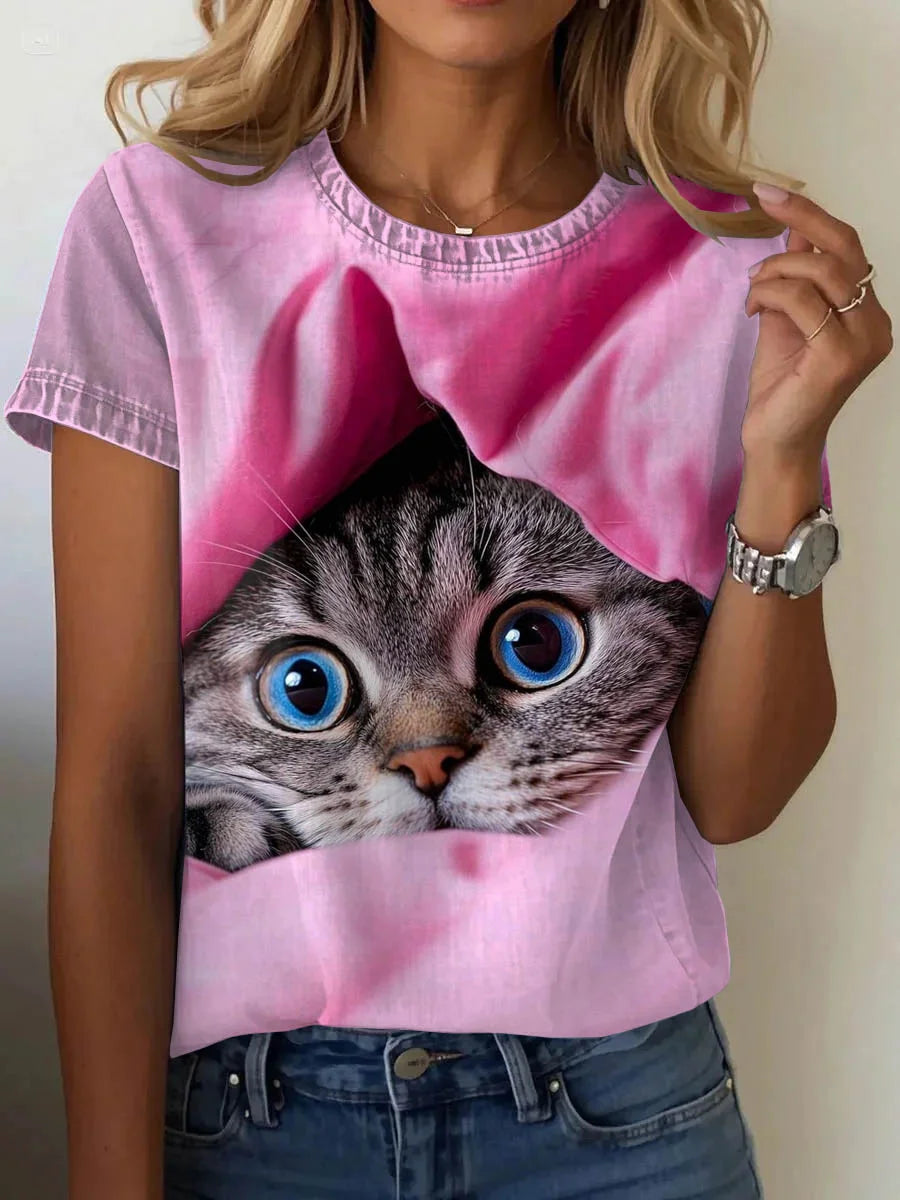 Bambú - Camiseta casual de manga corta con estampado de gato