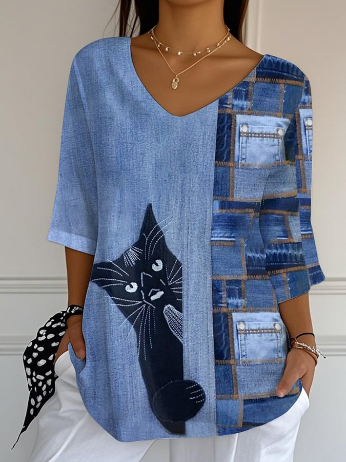 Lola - Camiseta de Mujer de Denim en Parchwork Desgastado con Estampado de Gato