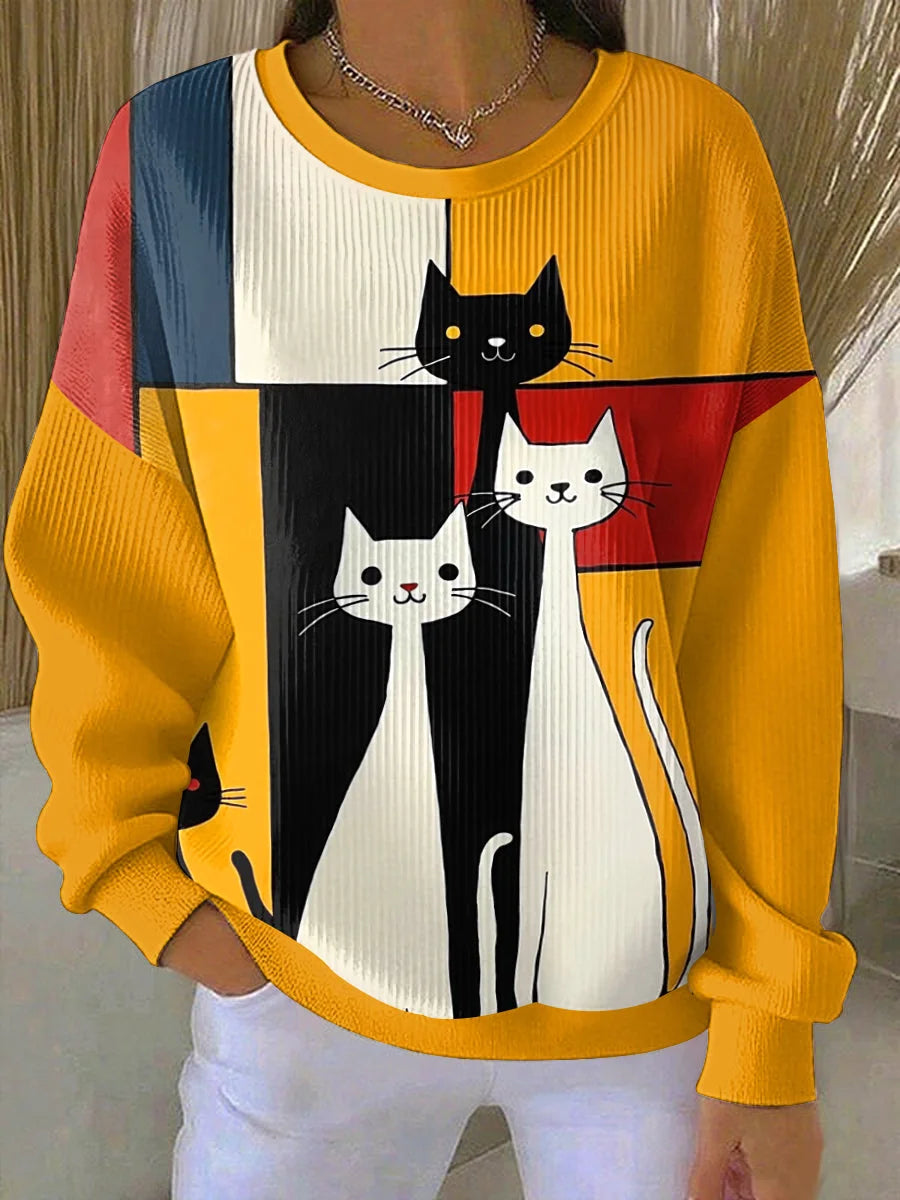Duna - Sudadera casual para mujer con estampado artístico de gato