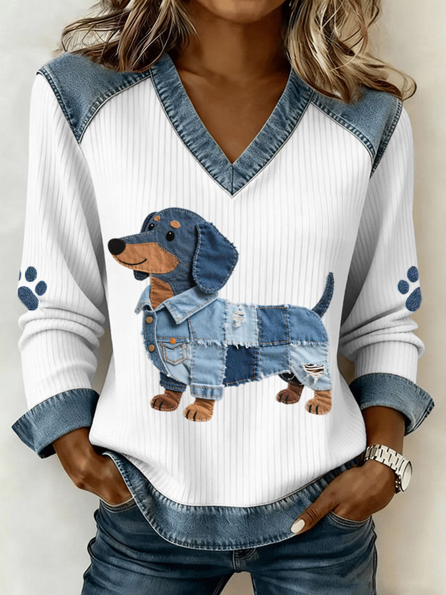 Sombra - Encantador dachshund para damas con patchwork de denim artístico y cuello en V