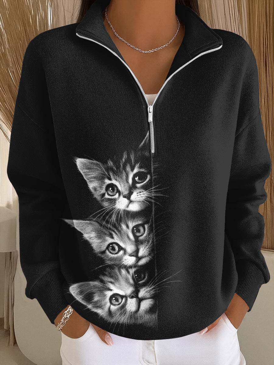 Coco - Sudadera Casual con Cremallera de Arte de Gato