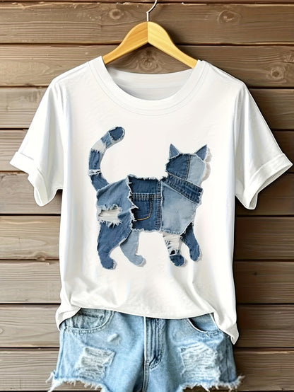 Araceli - Camiseta con Gráfico de Gato en Parchwork de Denim