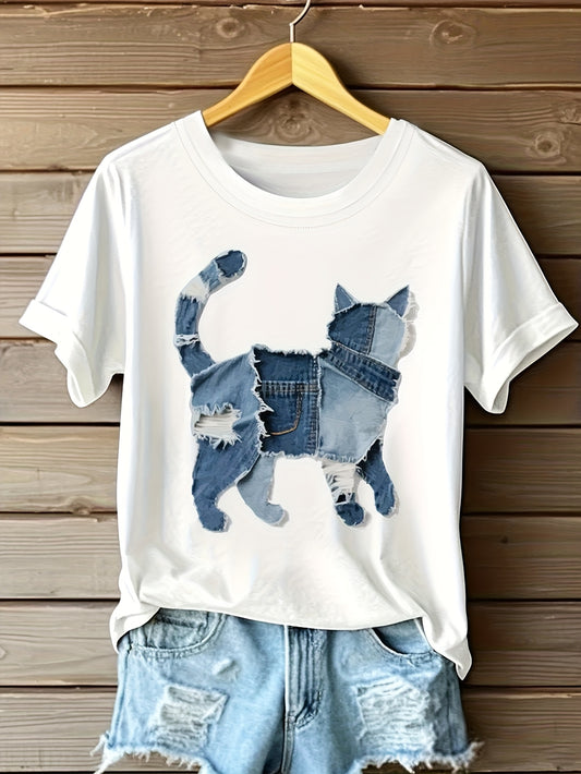 Araceli - Camiseta con Gráfico de Gato en Parchwork de Denim