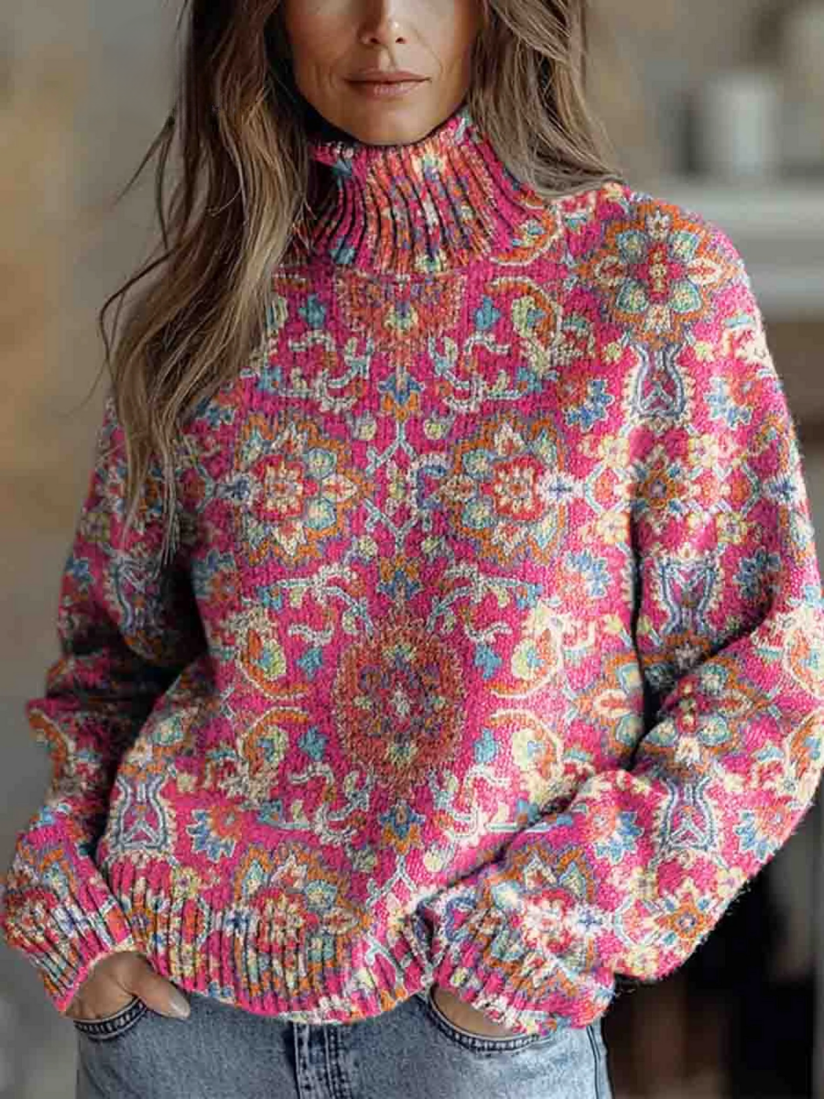 Michaela - Suéter de punto retro étnico para mujer con estampado de flores artísticas