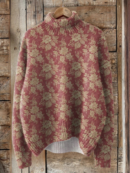 Vendula - Suéter de cuello alto de punto con patrón floral de estilo vintage
