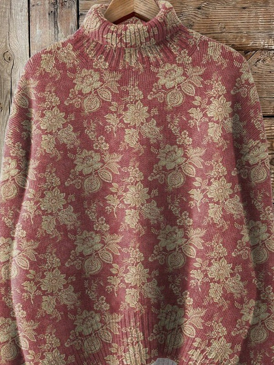 Vendula - Suéter de cuello alto de punto con patrón floral de estilo vintage