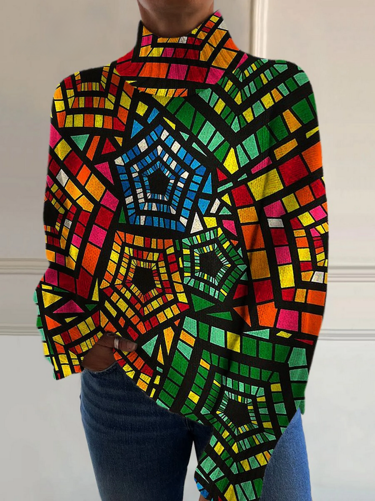 Natalie - Impresión artística geométrica retro abstracta en colores de cinco lados, suéter de cuello alto