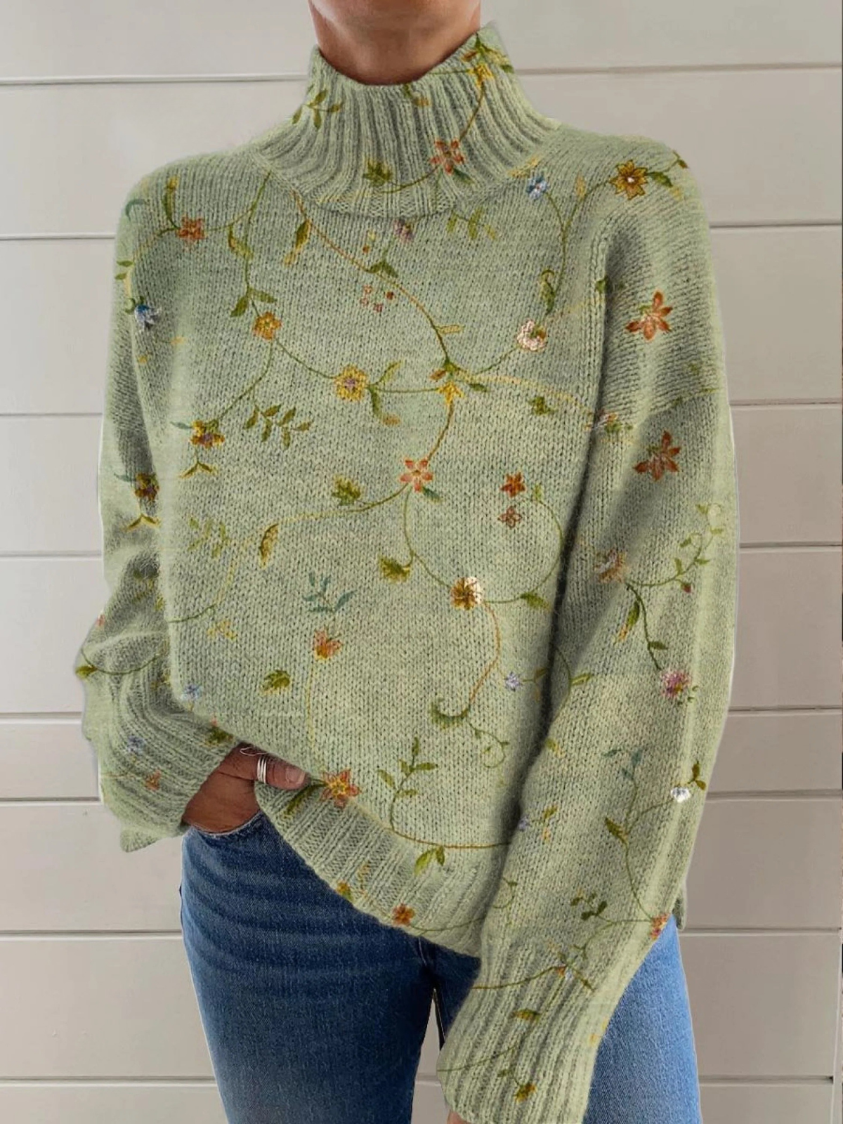 Monika - Suéter de punto para mujer con hermoso estampado floral