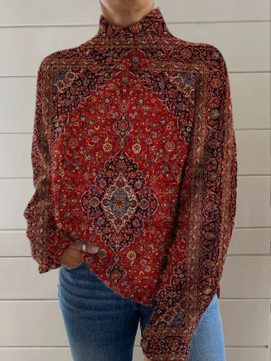 Denisa - Suéter de cuello alto trenzado con estampado artístico vintage