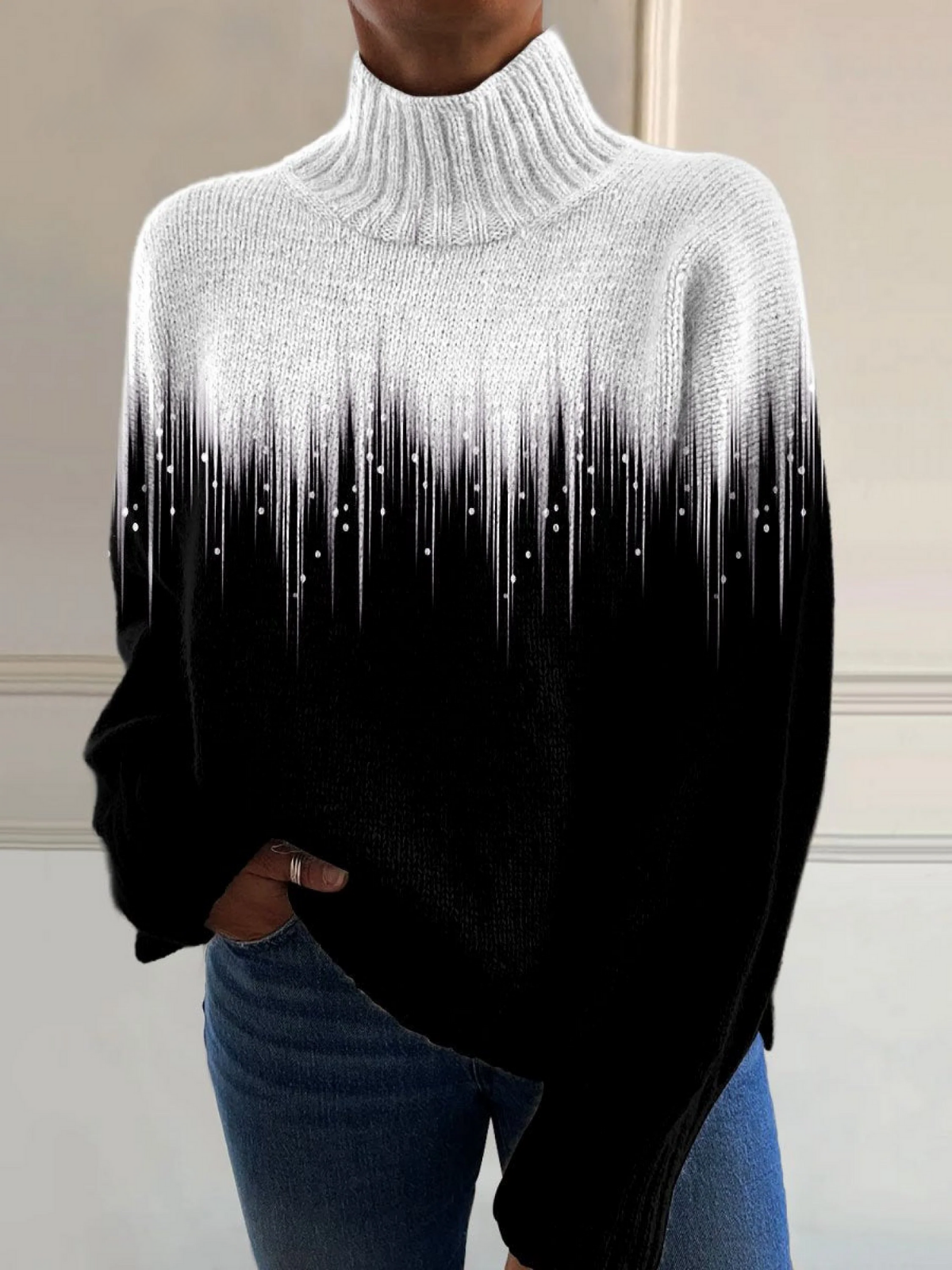 Barbora - Suéter romántico de cuello alto con estampado artístico Flash Ray
