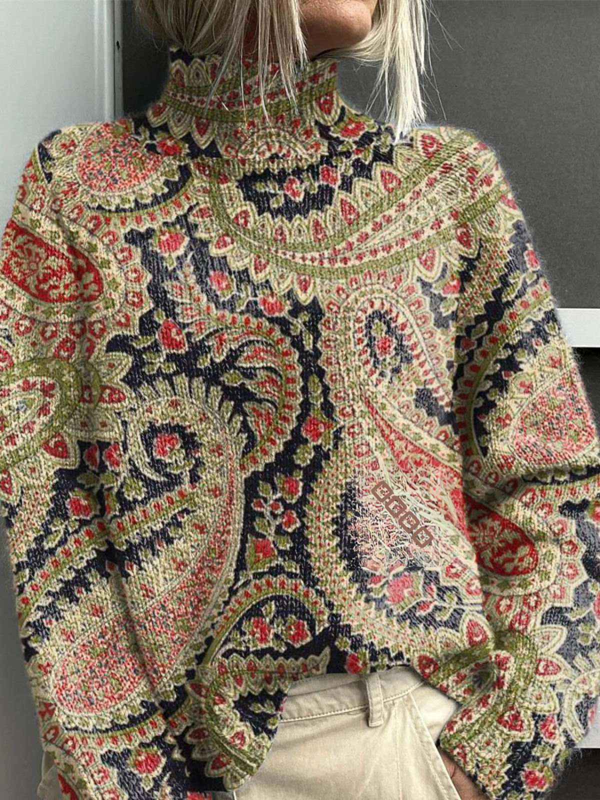 Kristina - Suéter de punto femenino con diseño de cuello alto y patrón floral