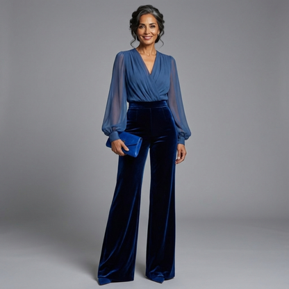 Ángeles™ - Mono largo de terciopelo con escote en V y mangas largas de malla azul