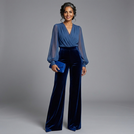 Ángeles™ - Mono largo de terciopelo con escote en V y mangas largas de malla azul