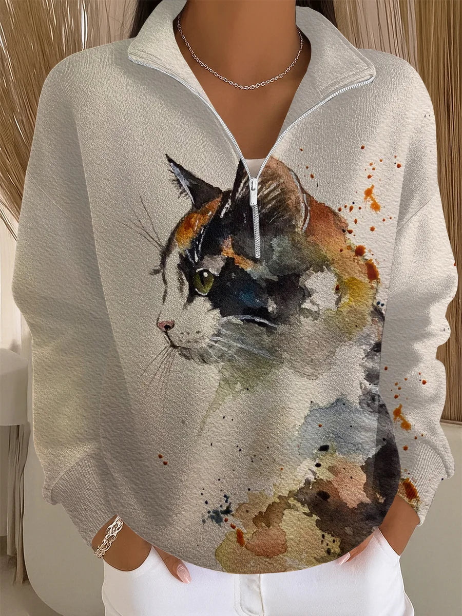 Vida - Sudadera casual para mujer con estampado artístico de gato