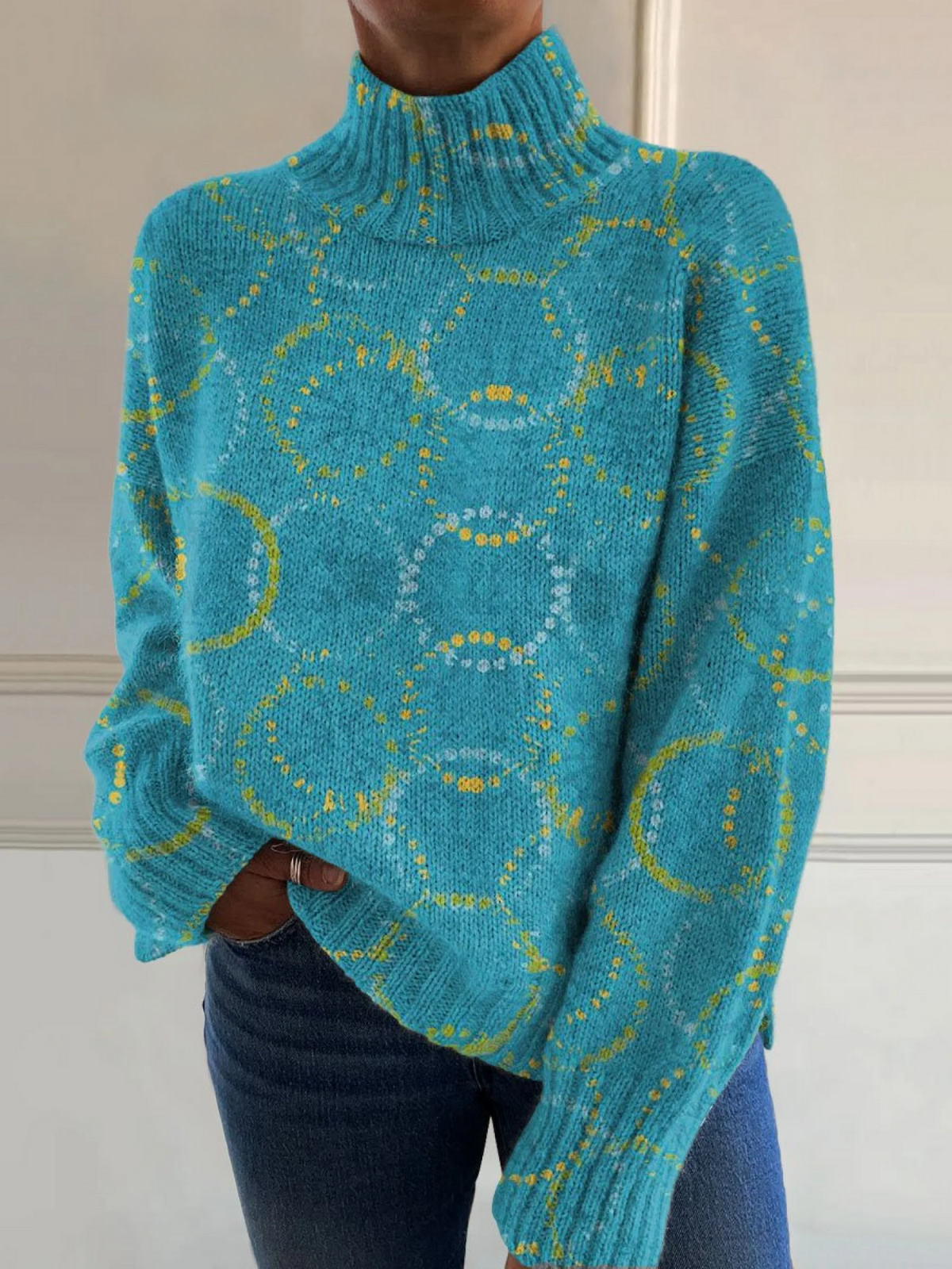 Klára - Suéter de cuello alto con estampado artístico Bright Circle