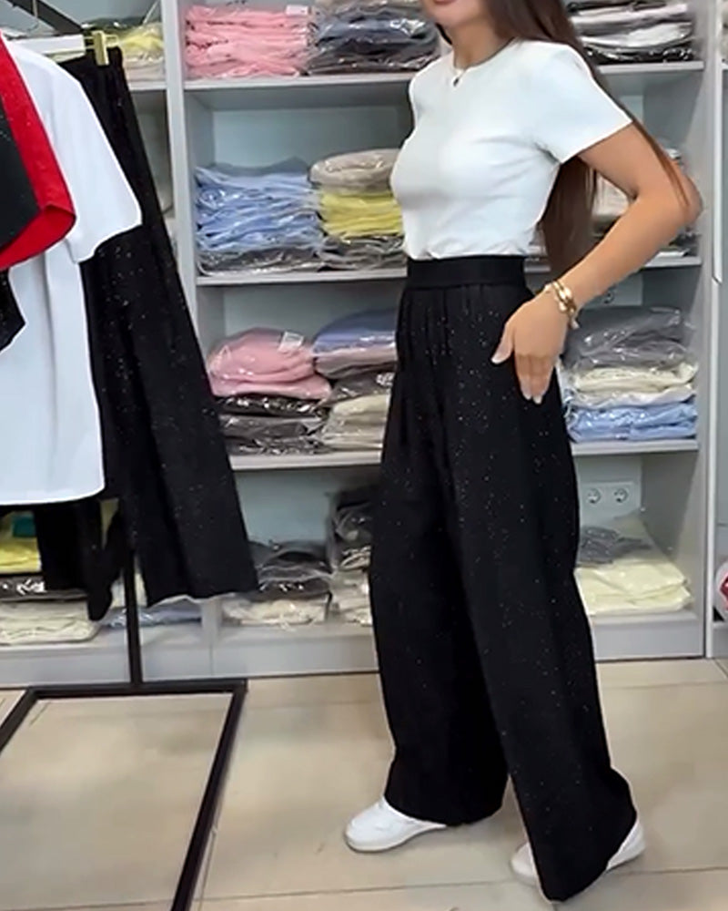 Candela - Pantalones Elegantes de Cintura Alta Brillantes de Pierna Ancha