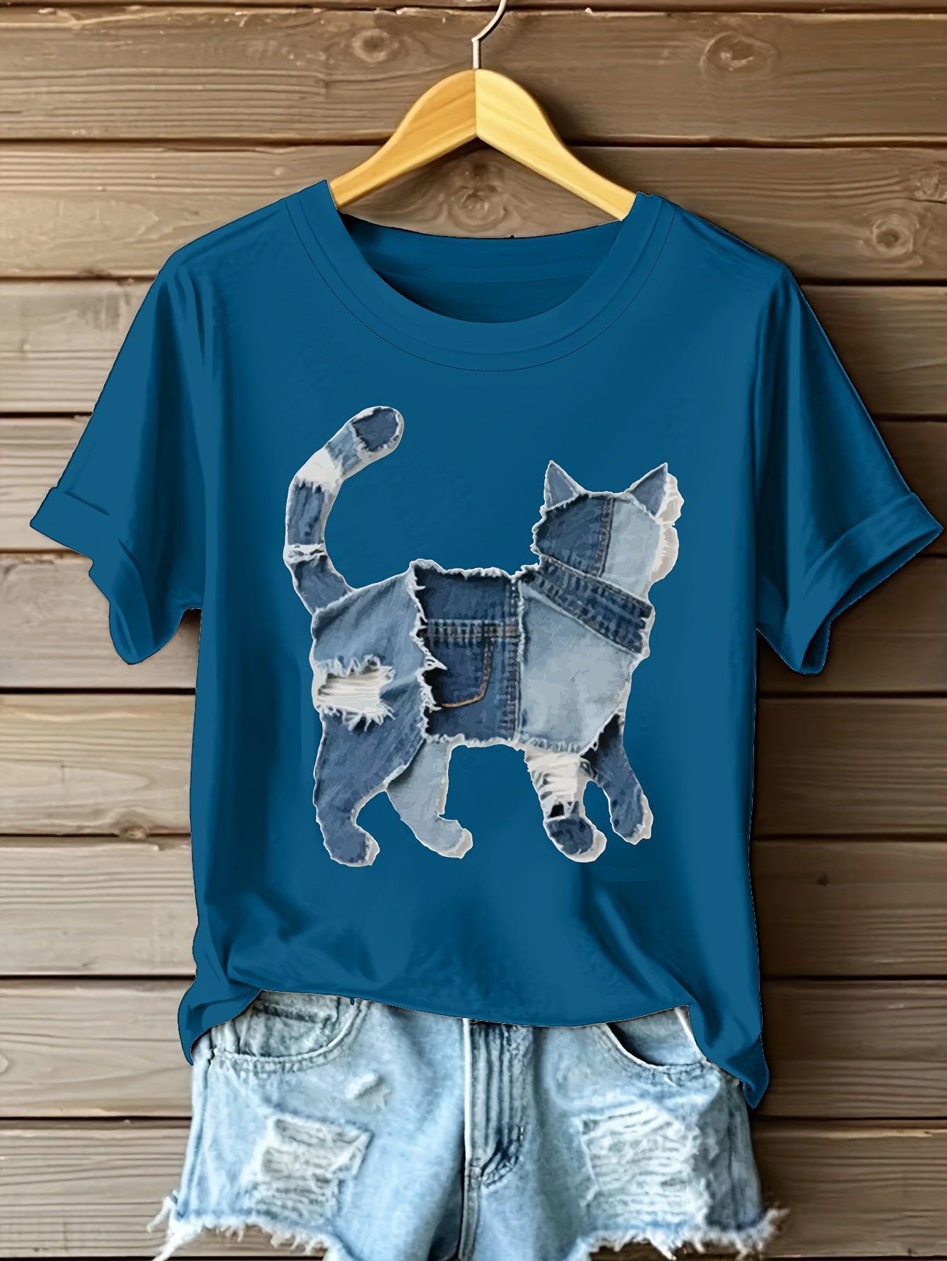 Araceli - Camiseta con Gráfico de Gato en Parchwork de Denim