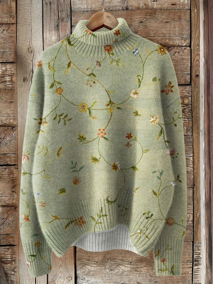 Eliska - Suéter de punto de cuello alto con estampado floral vintage encantador