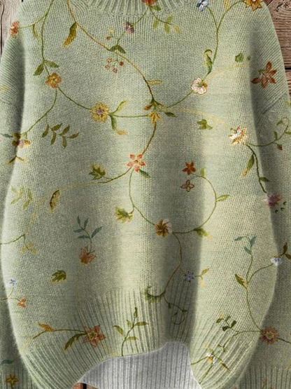 Eliska - Suéter de punto de cuello alto con estampado floral vintage encantador