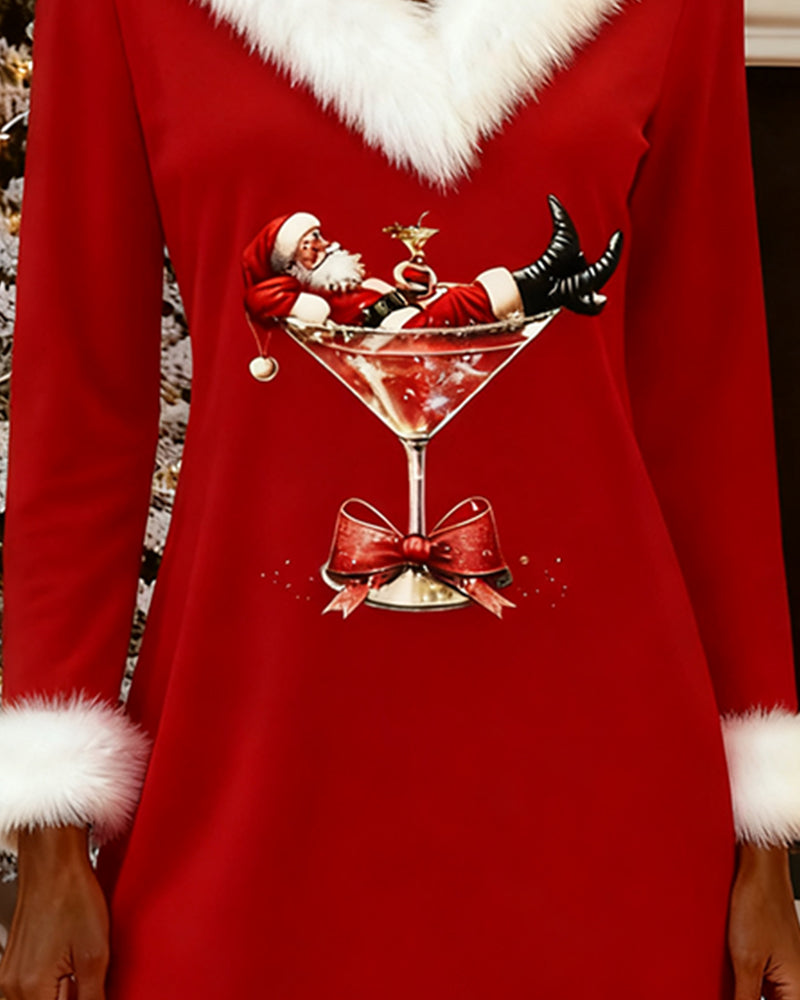 Clara - Vestido de Cuello de Piel con Estampado Navideño