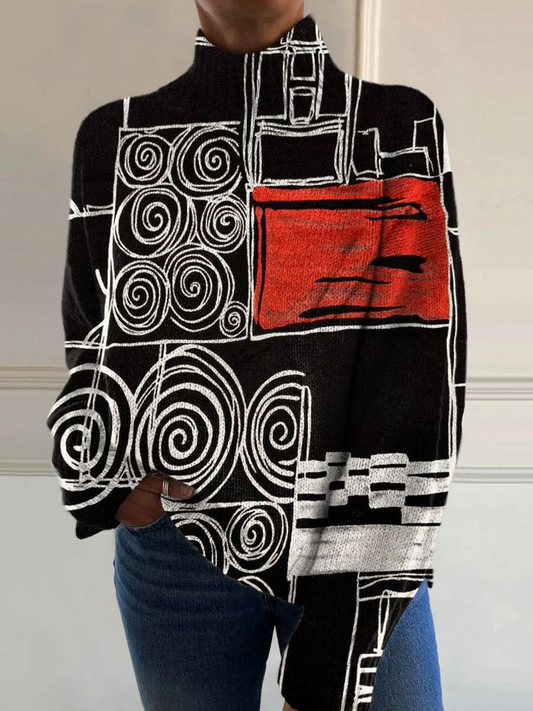 Veronika - Suéter de cuello alto de punto con estampado abstracto de círculos y estampado artístico