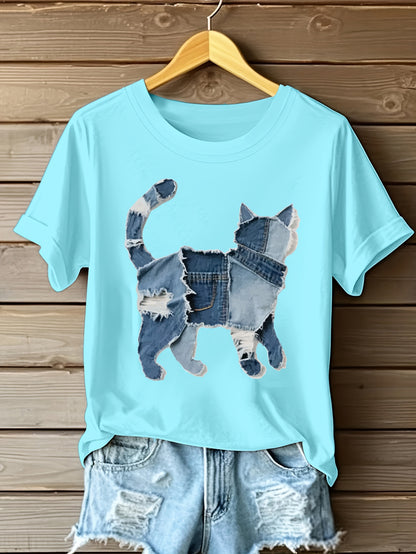 Araceli - Camiseta con Gráfico de Gato en Parchwork de Denim