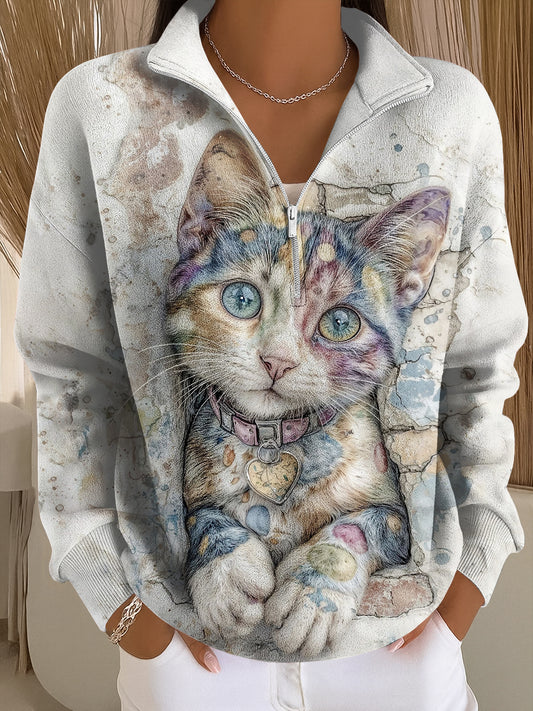 Nube - Sudadera Casual con Cremallera de Arte de Gato