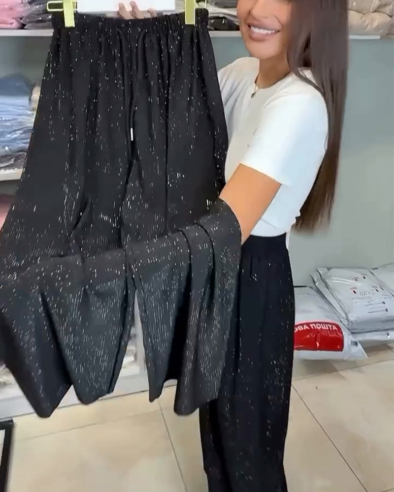 Candela - Pantalones Elegantes de Cintura Alta Brillantes de Pierna Ancha