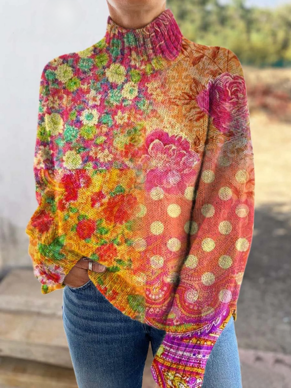 Renata - Suéter de punto para mujer con estampado floral y lunares