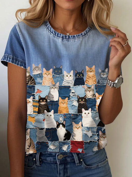Pepa - Camiseta de Gato de Denim para Mujeres