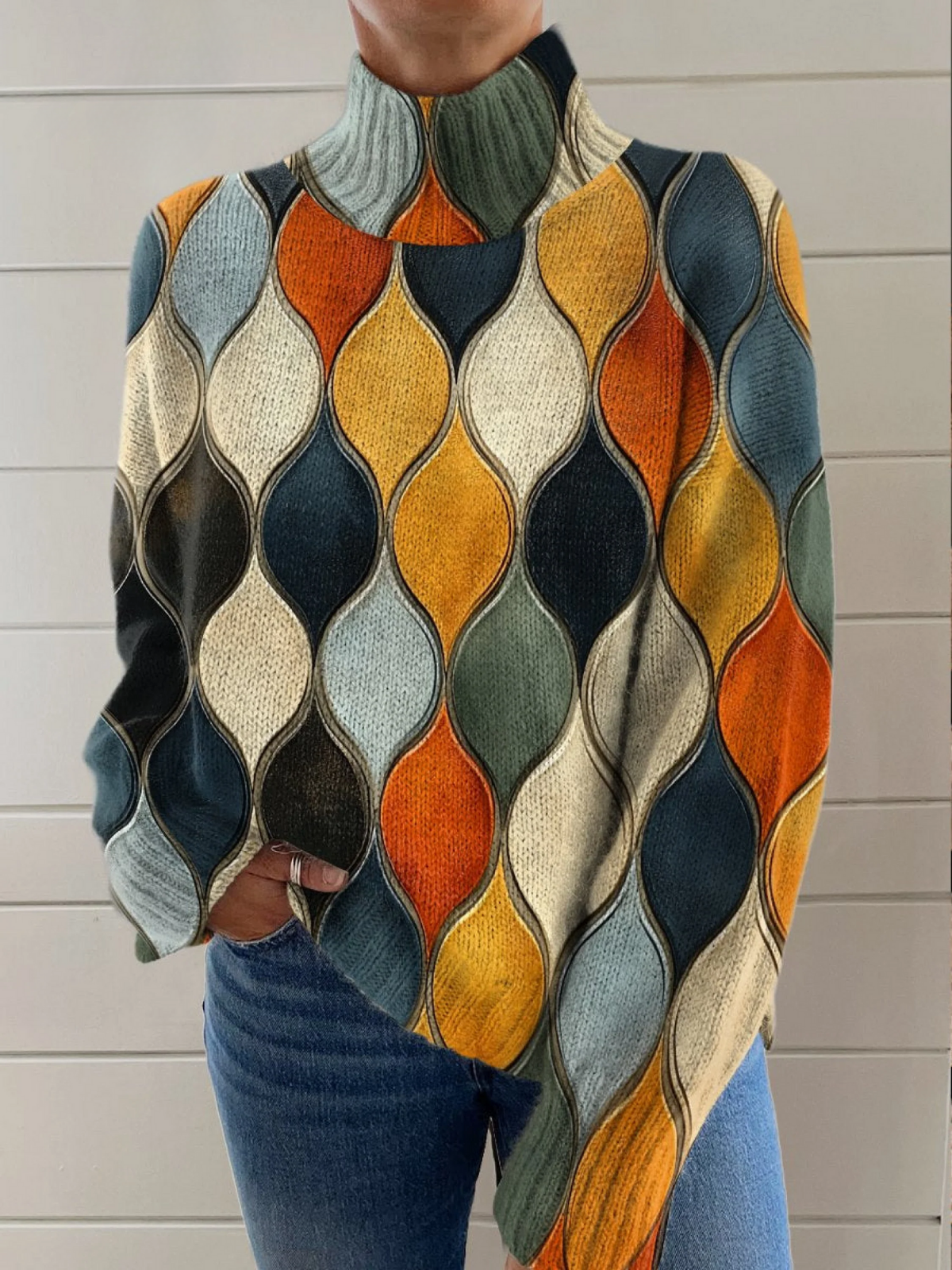 Lenka - Suéter de punto con patrón abstracto, ondas y óvalos, diseño decorativo