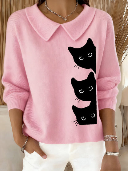 Arena - Top Casual de Cuello de Bebé con Impresión de Gato Divertido para Mujeres Amantes de los Gatos