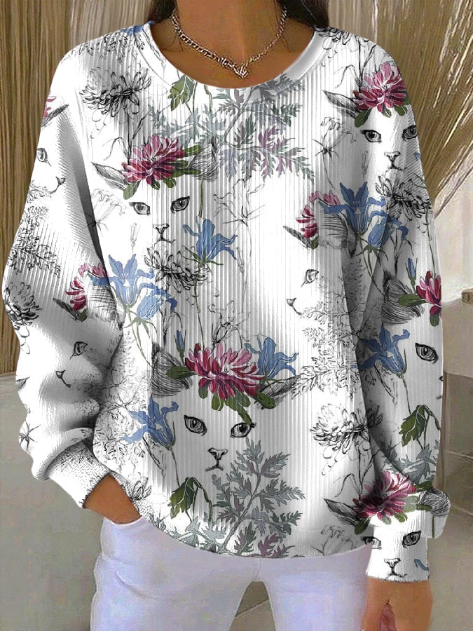 Ángel - Sudadera Casual de Cuello Redondo con Estampado de Gato Floral para Mujeres