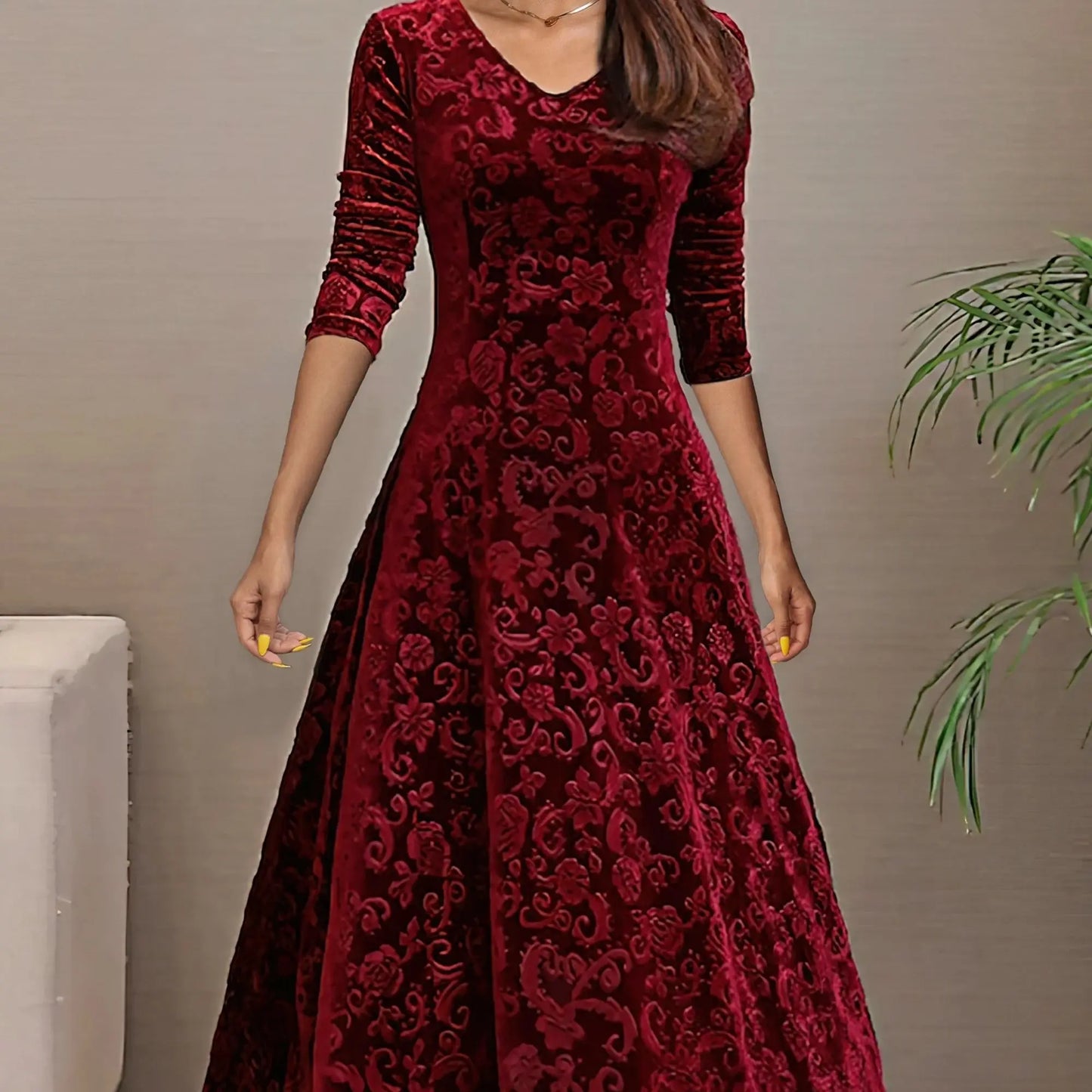 Valeria | Vestido Rojo de terciopelo elegante con mangas largas