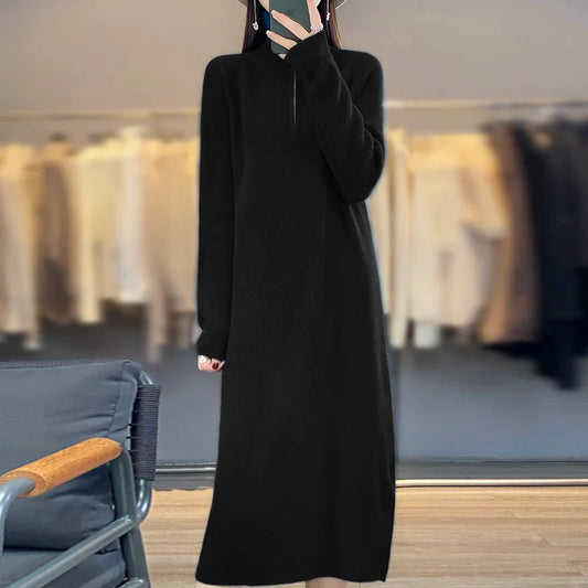Sofía | Vestido Negro de Punto de Lana Merino con Cremallera, Cálido y Suave