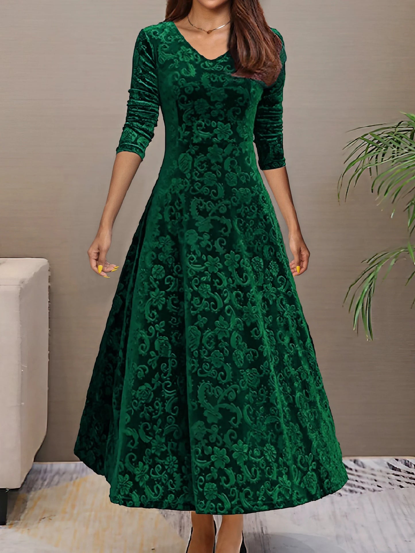 Valeria | Vestido Verde de terciopelo elegante con mangas largas