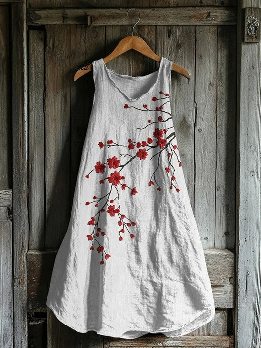 Vestido de Lino Rojo Vintage con Flores