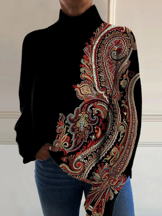 Vera - Suéter de cuello alto con patrón retro y estampado artístico