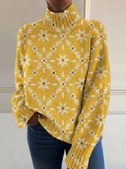 Jitka - Suéter de cuello alto de punto con bloques de color vintage y estampado floral
