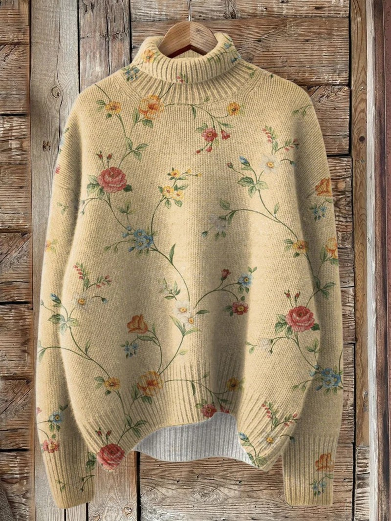 Zilia - Suéter de punto de cuello alto con estampado floral vintage encantador